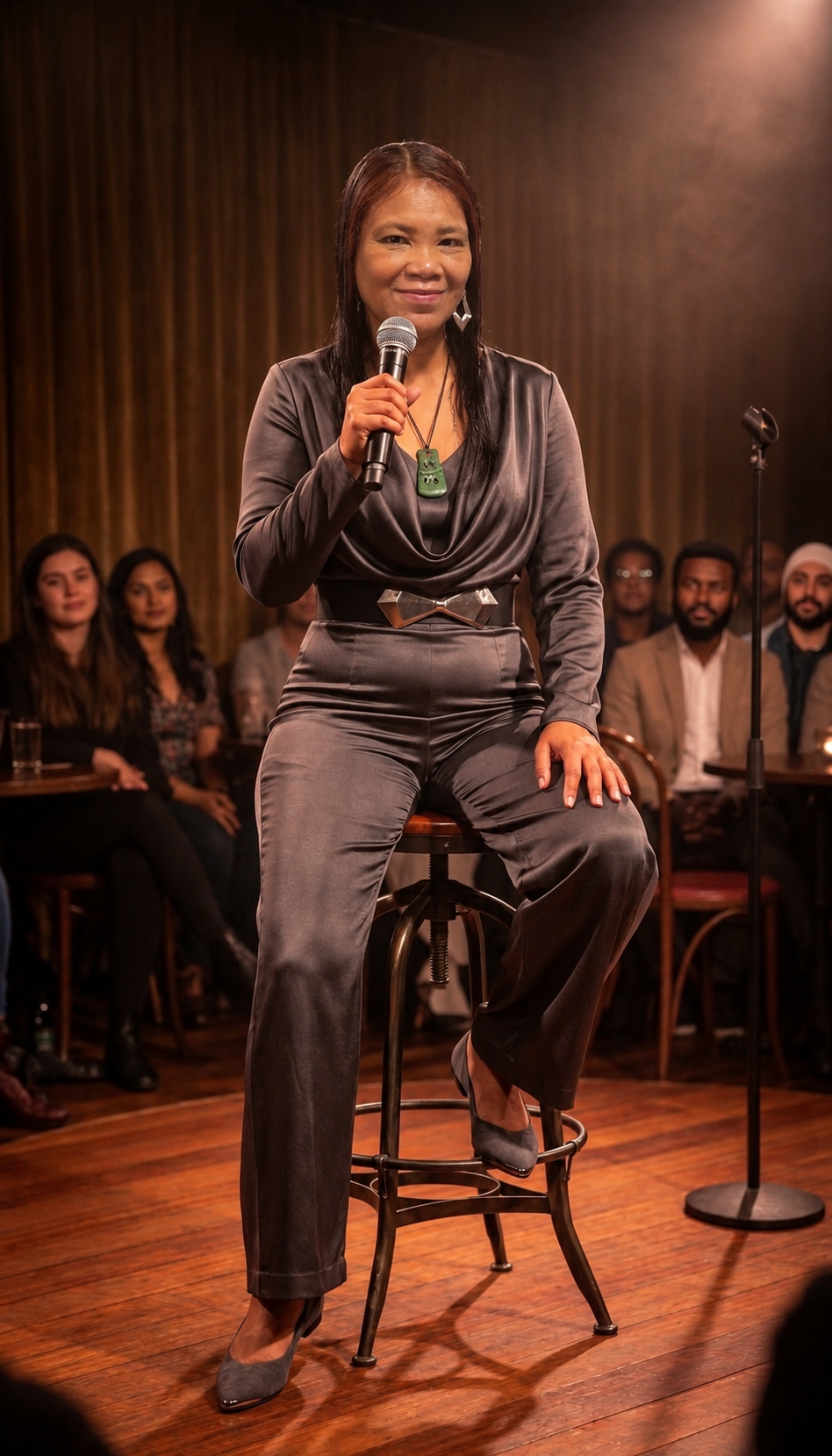 Jaeide X seated on a stool with a microphone, speaking to an audience under warm stage light.